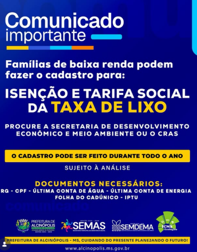 Imagem da notícia Alcinópolis abre cadastro para isenção e tarifa social da taxa de lixo